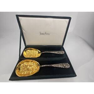 Godinger Silverplate Strawberry Serving‎ Spoons Flowers Neiman Marcus Velvet Box